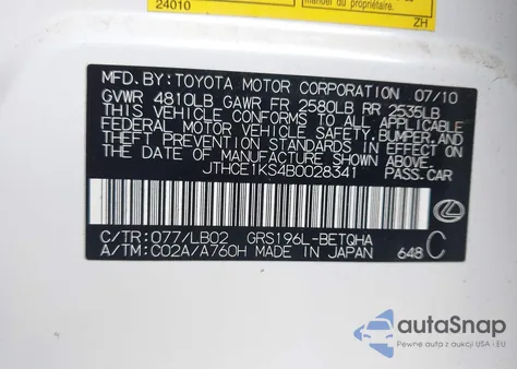 2011 Lexus Gs 350 from USA, damaged, VIN JTHCE1KS4B0028341